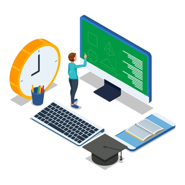 O aluno faz exercícios online na área de trabalho do computador. Vetor