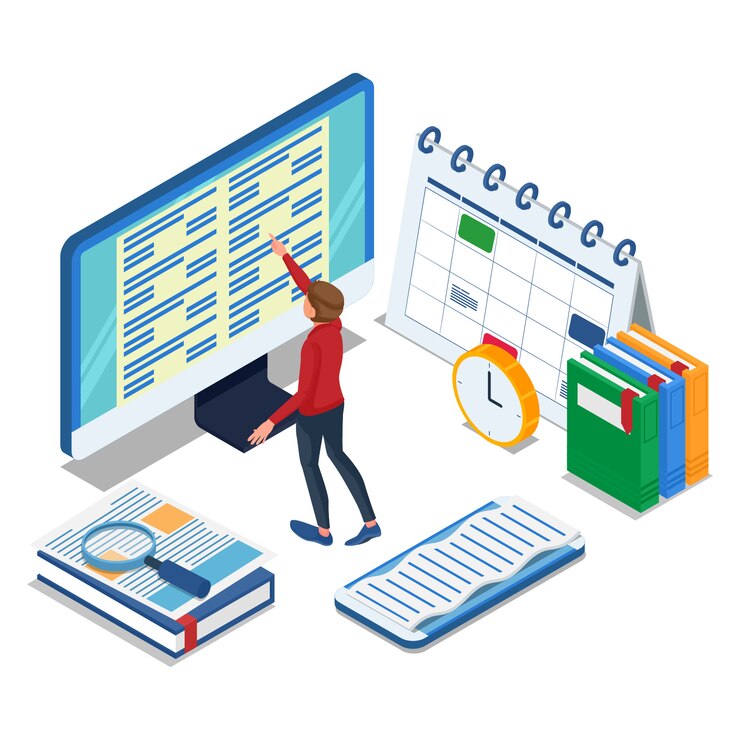 O aluno faz o exame online no grande computador. Ilustração isométrica de e-learning. Vetor