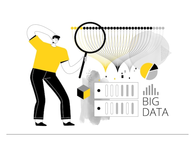 Vetor o analista de big data examina bancos de dados em servidores e faz estatísticas