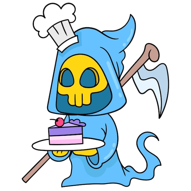 O anjo fantasma da morte do dia das bruxas traz um bolo doce para servir, doodle desenhar kawaii. arte de ilustração