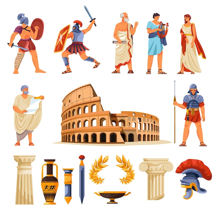 Vetor o antigo império romano a civilização romana o povo a cultura grega a religião os elementos césar a coroa de flores a ânfora o coliseu o gladiador o cidadão a história os personagens a ilustração recente