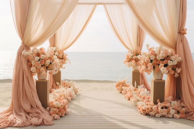 Vetor o arco de casamento decorado com flores fica na área luxuosa da cerimônia de casamento