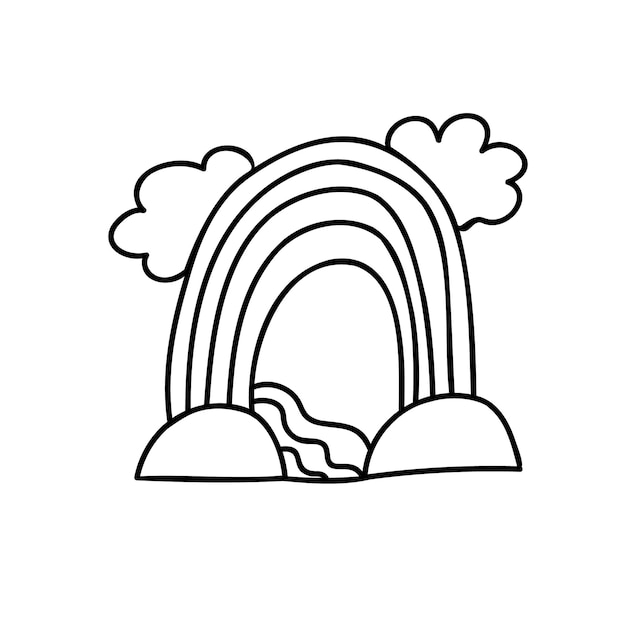 Vetor o arco-íris é desenhado à mão desenho infantil descuidado estilo doodle elemento de design de arte de linha ilustração em vetor preto e branco isolada no fundo branco