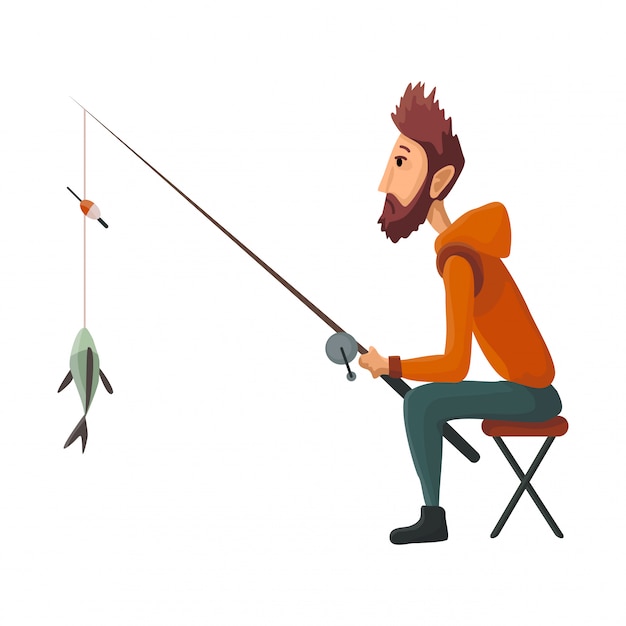 Vetor o assento novo do pescador com vara de peixe retira o peixe apanhado. peixe apanhada. pesca bem sucedida