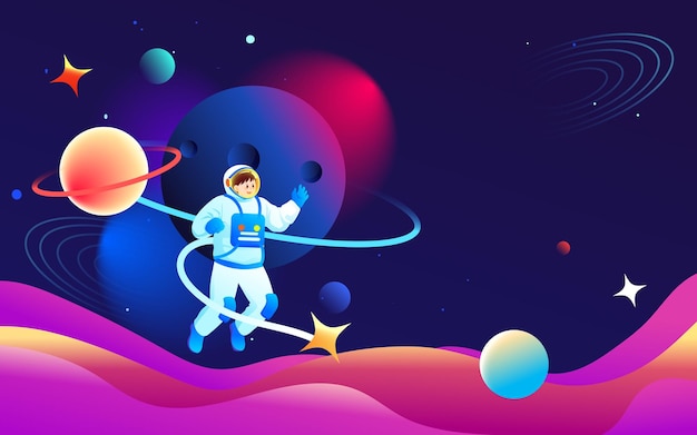 O astronauta está explorando o espaço com universo e planetas na ilustração vetorial de fundo