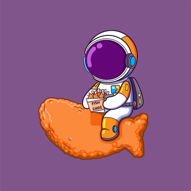 O astronauta está segurando e montando batatas fritas e vai comer todas as batatas fritas