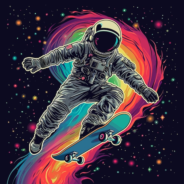 O astronauta jogando skateboard no espaço