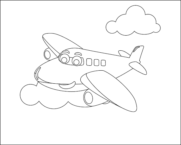 O avião bonito e engraçado está voando no céu Ilustração vetorial isolada dos desenhos animados livro ou página para colorir