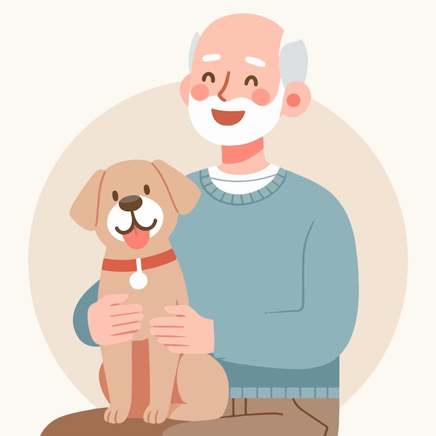 Vetor o avô do vector está feliz com o seu cão.