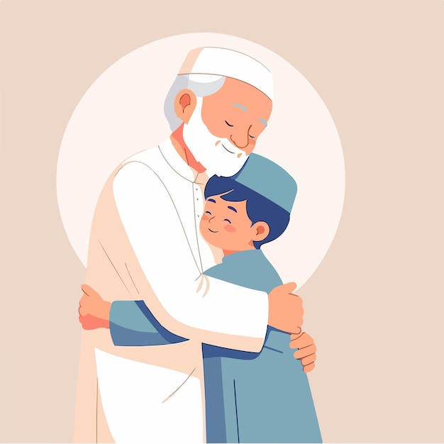 Vetor o avô está abraçando o neto estilo de design plano com o texto feliz eid mubarak