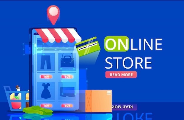 O banner da loja online. A Compras no aplicativo no celular. A Entrega rápida e compra de ícones. ilustração plana