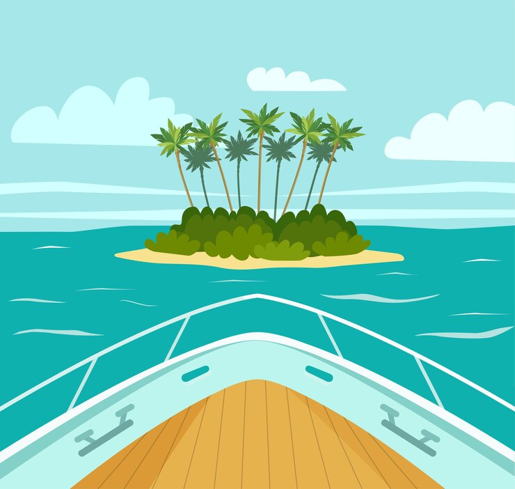 O barco se aproxima de uma ilha tropical no mar