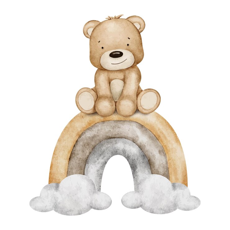 Vetor o bebê de brinquedo está sentado no arco-íris, o brinquedo de pelúcia, o arco-íris e as nuvens, a ilustração de aquarela isolada, ideal para cartões de cartaz de banho de bebê, convites, tecido, logotipo de design de sala de crianças.