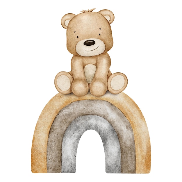 O bebê de urso está sentado no arco-íris, um brinquedo de pelúcia, uma ilustração desenhada à mão em aquarela.