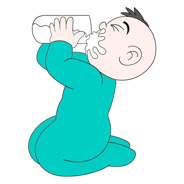 O bebê está agindo de forma fofa bebendo leite com entusiasmo
