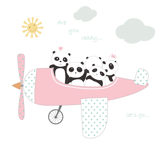 O bebê fofo panda com o avião para viajar de férias