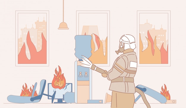 Vetor o bombeiro com extintor extingue o fogo na ilustração do esboço dos desenhos animados do escritório. bombeiro na sala em chamas.