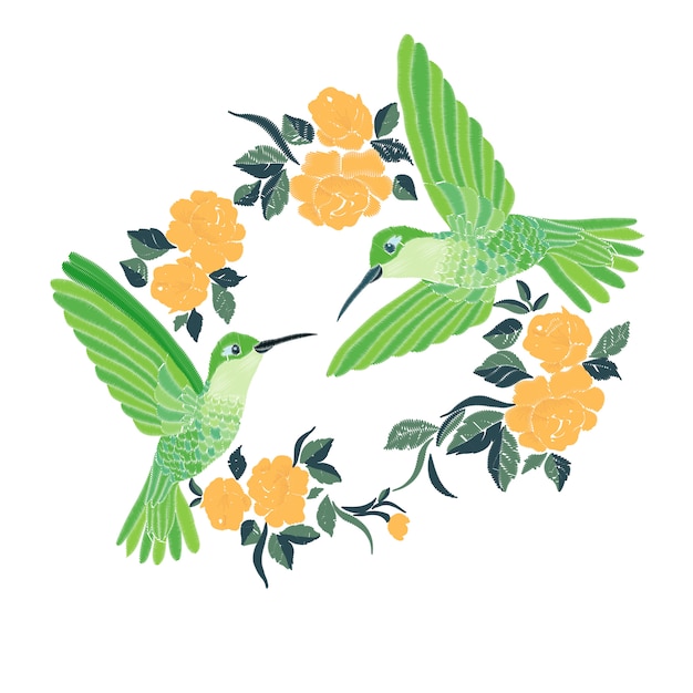 O bordado com flores do beija-flor e da orquídea vector a ilustração.
