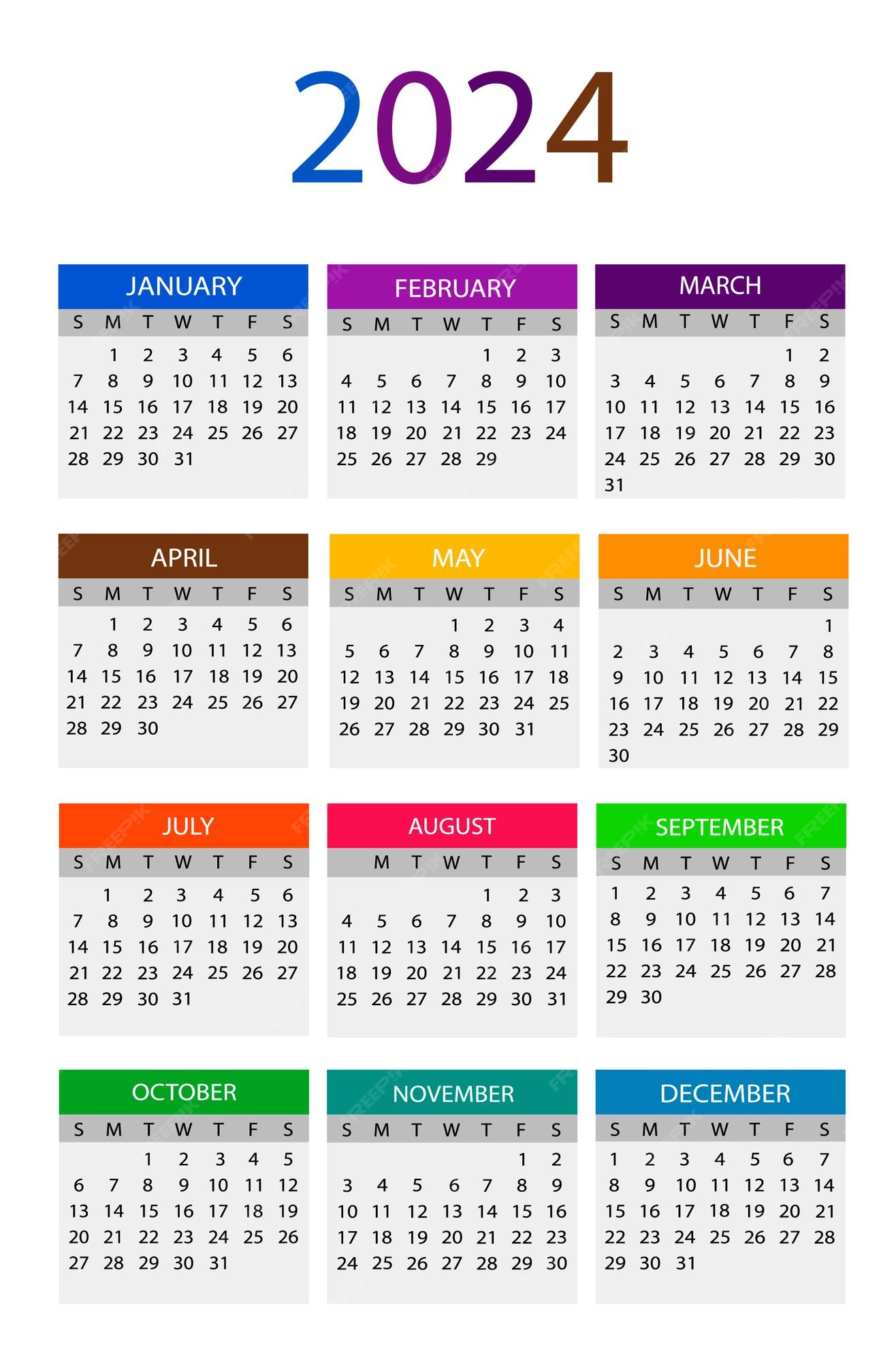 O calendário 2024 para o ano novo Vetor Premium