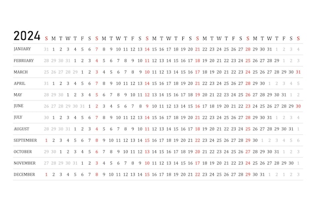 O calendário é linear para 2024 Vector O planejador do calendário anual