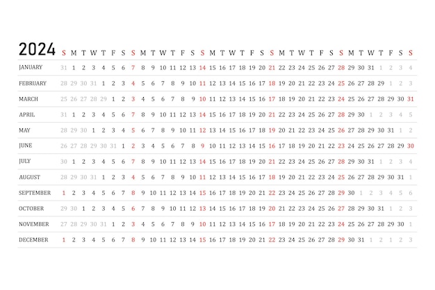 O calendário é linear para 2024 vector o planejador do calendário anual