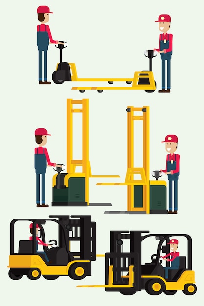 O caminhão de empilhadeira com o trabalhador humano e o trabalhador equipam o elevador da forquilha da mão do reboque. ilustração vector