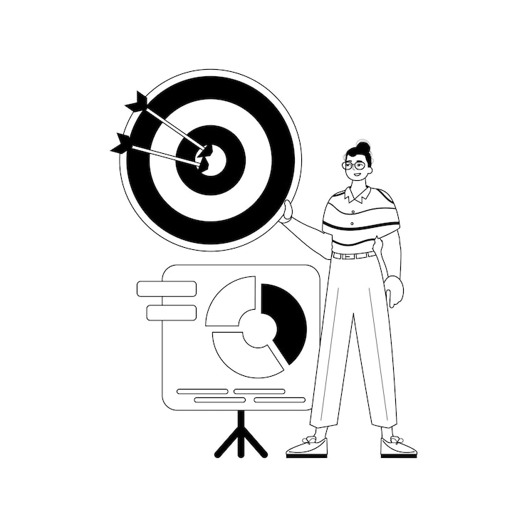 O cara com o gráfico A flecha atinge a presa Estilo linear preto e branco Estilo de moda Ilustração vetorial