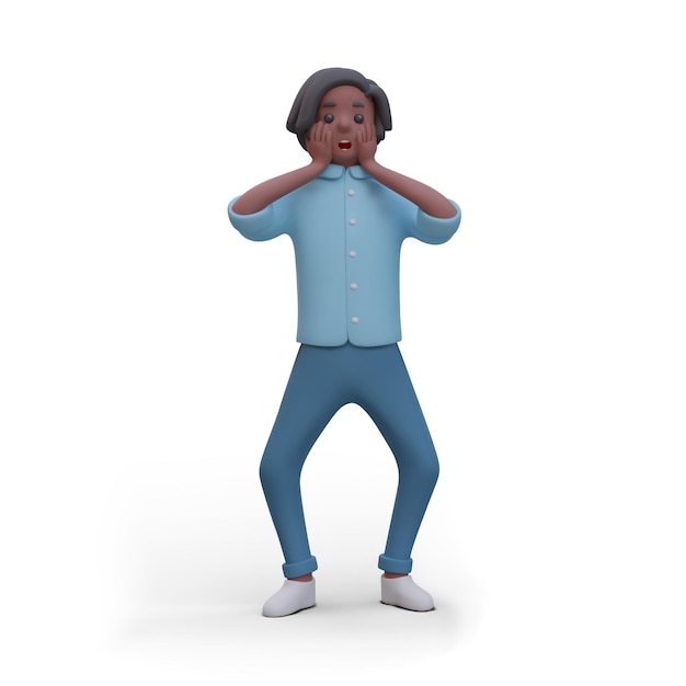 O cara está em pânico Homem chocado segurando o rosto Personagem masculino negro agachado de medo