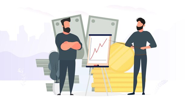 O cara mostra um relatório para o chefe. Apresentação com dinâmica positiva. Placa para papel. Infográficos. O crescimento do negócio. Vetor.