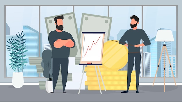 O cara mostra um relatório para o chefe. Apresentação com dinâmica positiva. Placa para papel. Infográficos. O crescimento do negócio. Vetor.