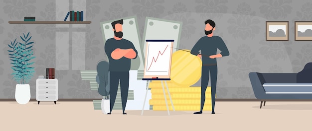 O cara mostra um relatório para o chefe. Apresentação com dinâmica positiva. Placa para papel. Infográficos. O crescimento do negócio. Vetor.