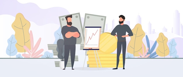 O cara mostra um relatório para o chefe. Apresentação com dinâmica positiva. Placa para papel. Infográficos. O crescimento do negócio. Vetor.