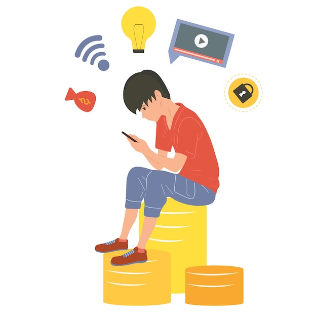 O cara olha para o telefone Jogos de mídia de trabalho online Oportunidade de ganhar dinheiro Vetor