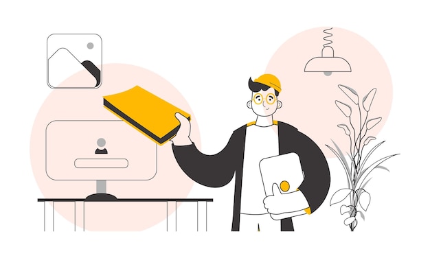 O cara tem um livro e um laptop nas mãos, estilo de arte de linha Vetor