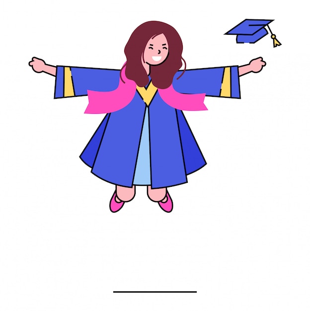 O caráter da menina da graduação, estudante da graduação da escola guarda o diploma no chapéu no branco, ilustração. Ensino médio completo.