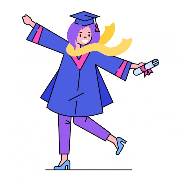 O caráter da menina da graduação, estudante da graduação da escola guarda o diploma no chapéu no branco, ilustração. Ensino médio completo.