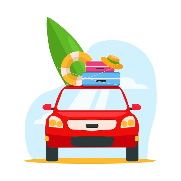 O carro vermelho com as coisas sai de férias Malas uma prancha de surf um chapéu um círculo inflável