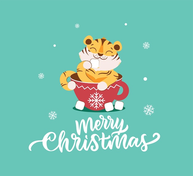 O cartão de feliz natal com tigre no cacau e comendo marshmallow o animal selvagem engraçado