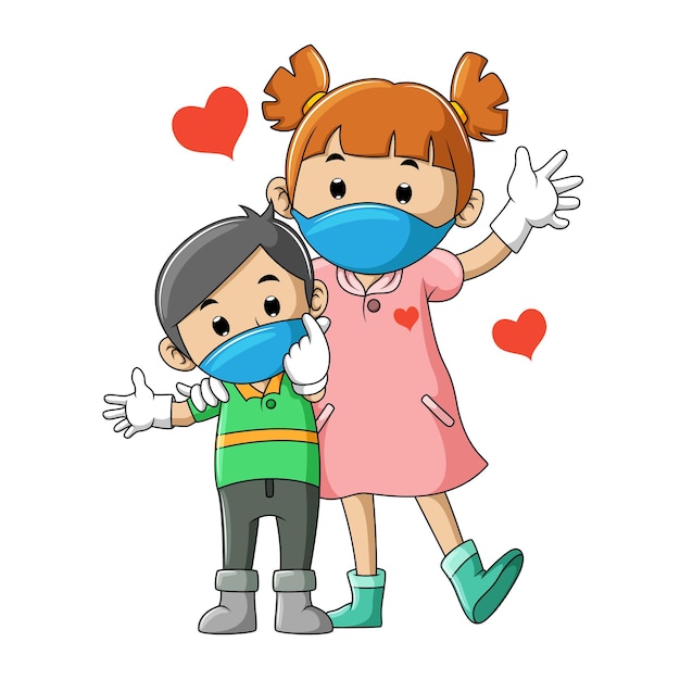 Vetor o casal de saúde irmão e irmã usando a máscara da ilustração
