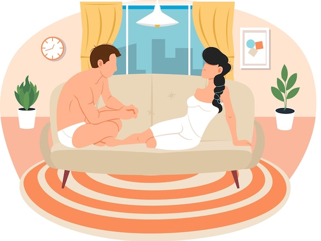 Vetor o casal está sentado no sofá e relaxando as pessoas estão descansando e se comunicando em casa personagens em trajes de banho passam tempo no apartamento homem com mulher juntos na sala de estar ilustração vetorial