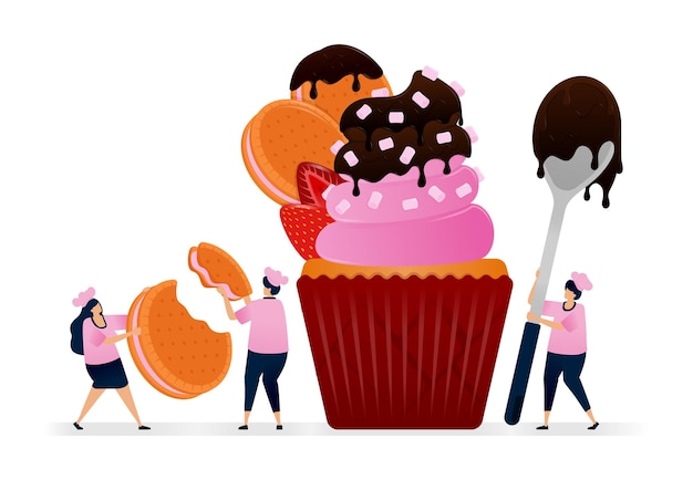 O chef faz muffins com biscoitos arredondados cobertos de chocolate derretido e morango