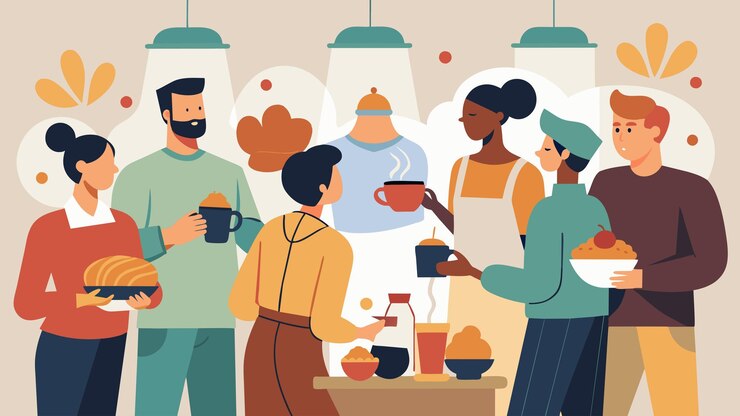 Vetor o cheiro de café recém-fervido se mistura com o aroma de doces frescos enquanto os membros da comunidade