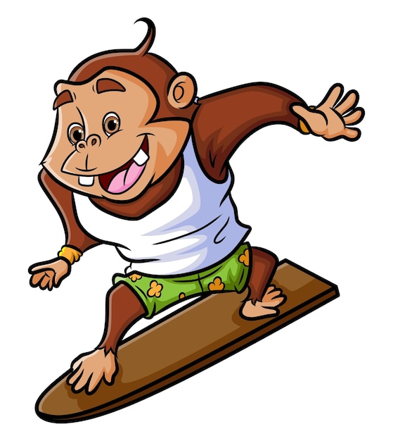 O chimpanzé feliz está surfando na onda grande