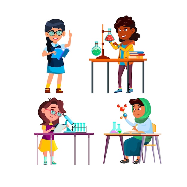 Vetor o cientista da menina da escola definiu o laboratório da escola. criança da ciência. experimento laboratorial. ensino de química. crianças estudam. jovem estudante. ilustração vetorial de pessoas de teste científico