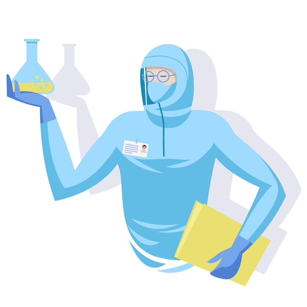O cientista de terno com capuz segura um frasco de vidro