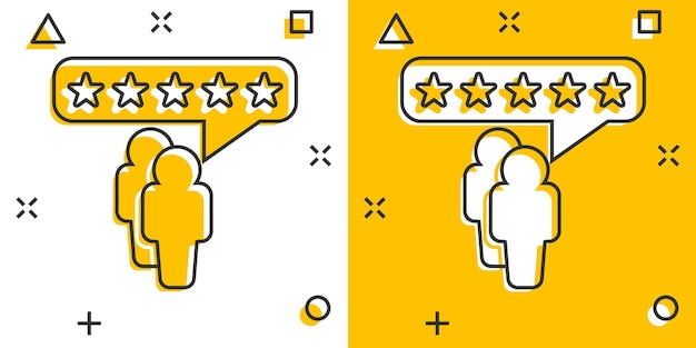O cliente de desenho vetorial analisa o ícone de feedback do usuário em estilo cômico pictograma de ilustração de sinal de classificação conceito de efeito de respingo de negócios de classificação de estrelas