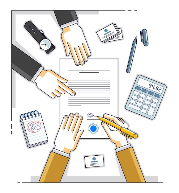 O cliente do banco escreve um sinal na forma financeira de crédito em dinheiro com o funcionário o ajuda e explica os termos do empréstimo ou o empresário assina o papel do contrato, vista superior da mesa com as mãos das pessoas. Vetor.