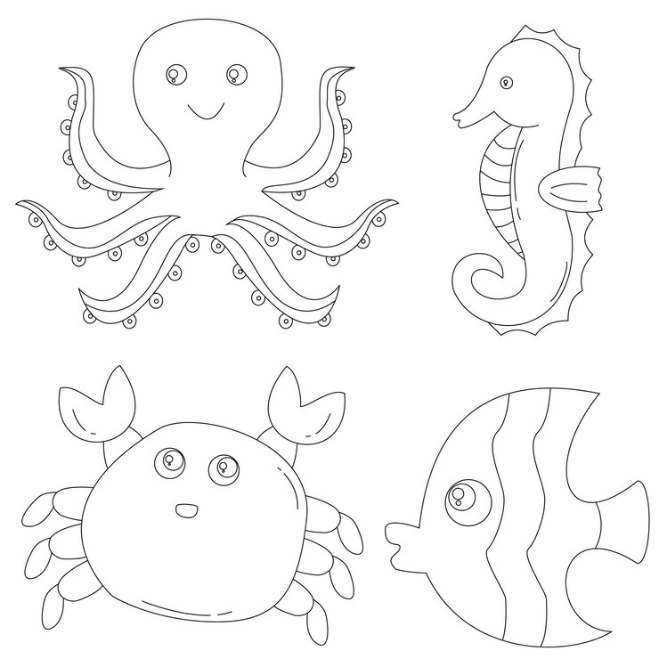 Vetor o clipart de contorno de criaturas marinhas definido em estilo cartoon inclui 4 animais subaquáticos para crianças e crianças