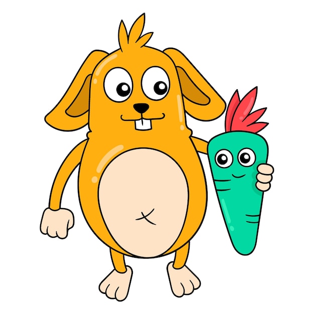 O coelho está fazendo amizade com a imagem do ícone do doodle da cenoura kawaii