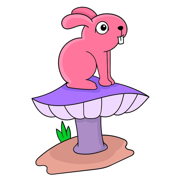 O coelho está sentado em uma imagem de ícone de doodle de cogumelo gigante kawaii